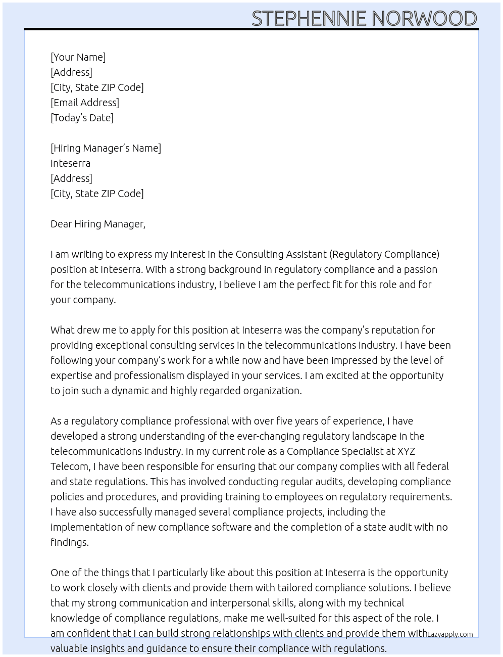 Consulting Assistant (Regulatory Compliance) At Inteserra Cover Letter