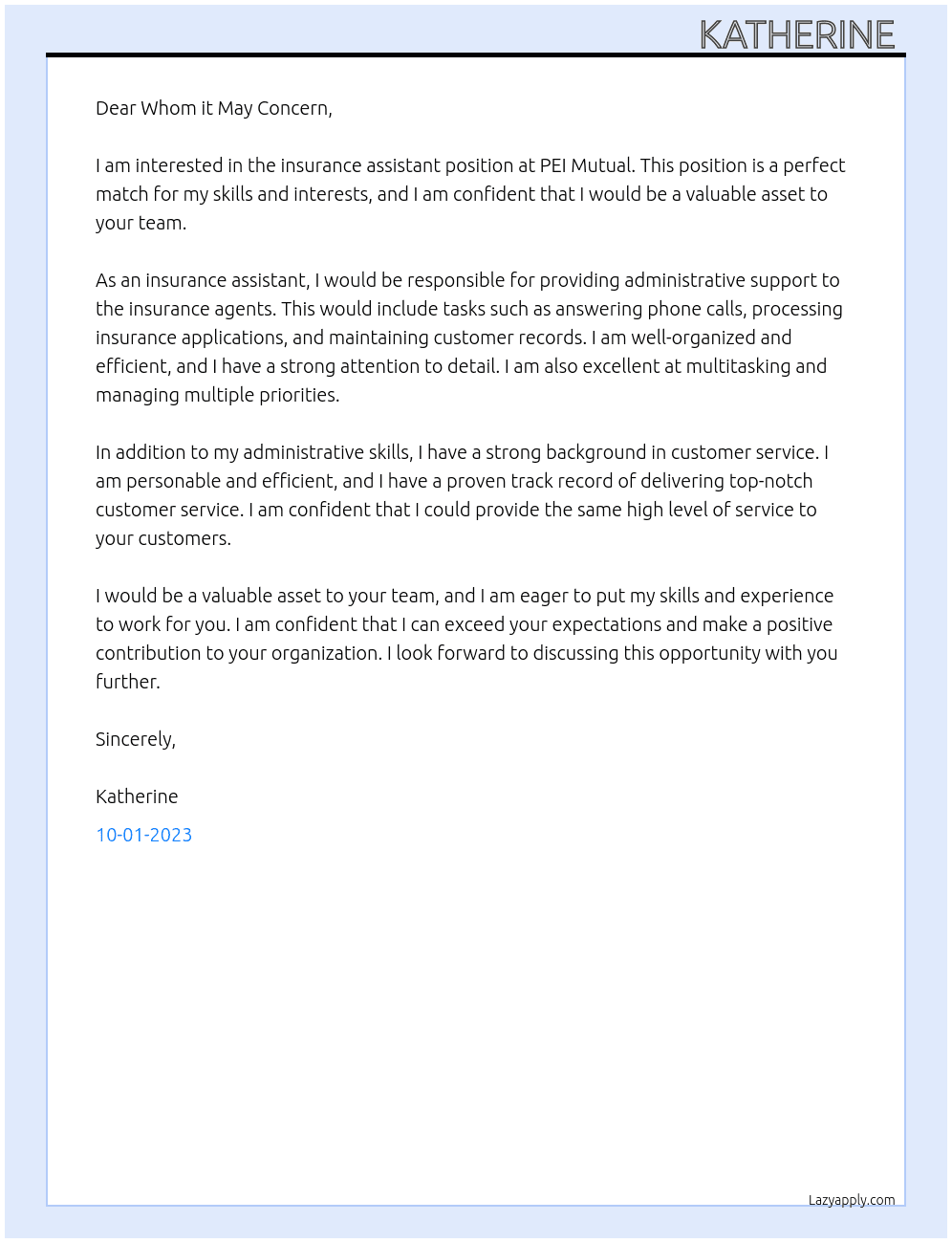Insurance assistant  At PEI Mutual Cover Letter
