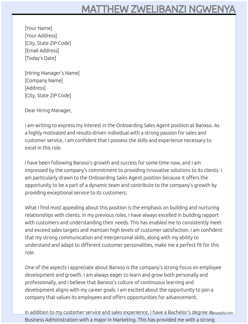 Onboarding Sales Agent At Banxso Cover Letter