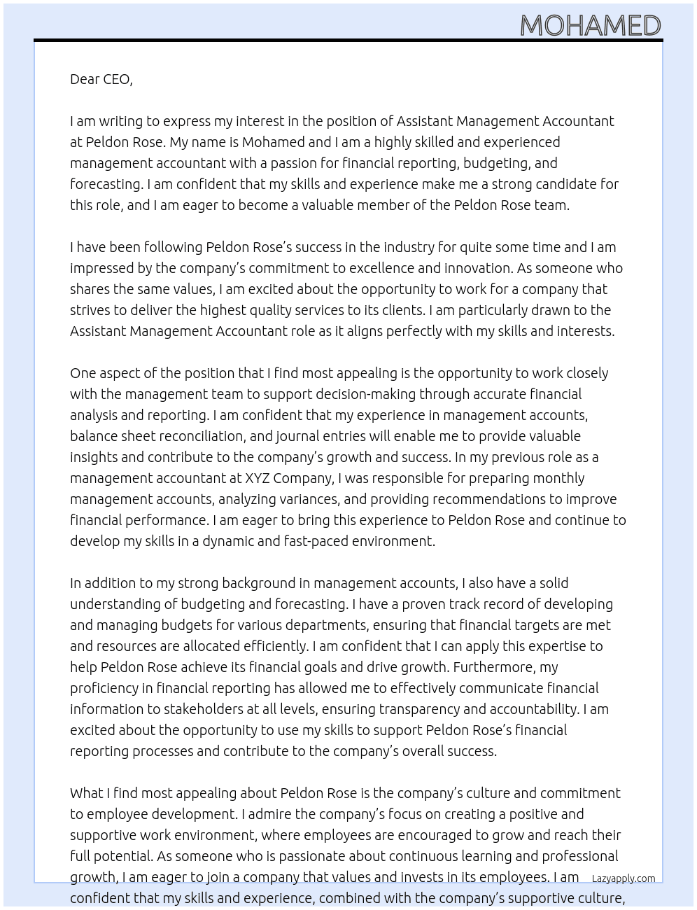 Assistant Management Accountant At Peldon Rose Cover Letter