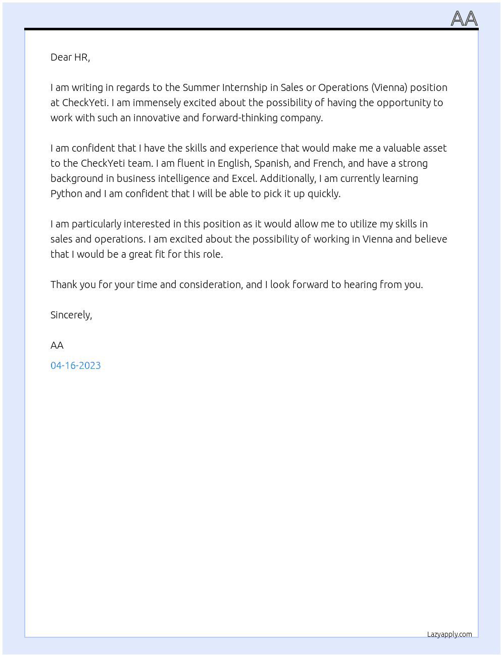 Summer Internship in Sales or Operations (Vienna) At CheckYeti Cover Letter