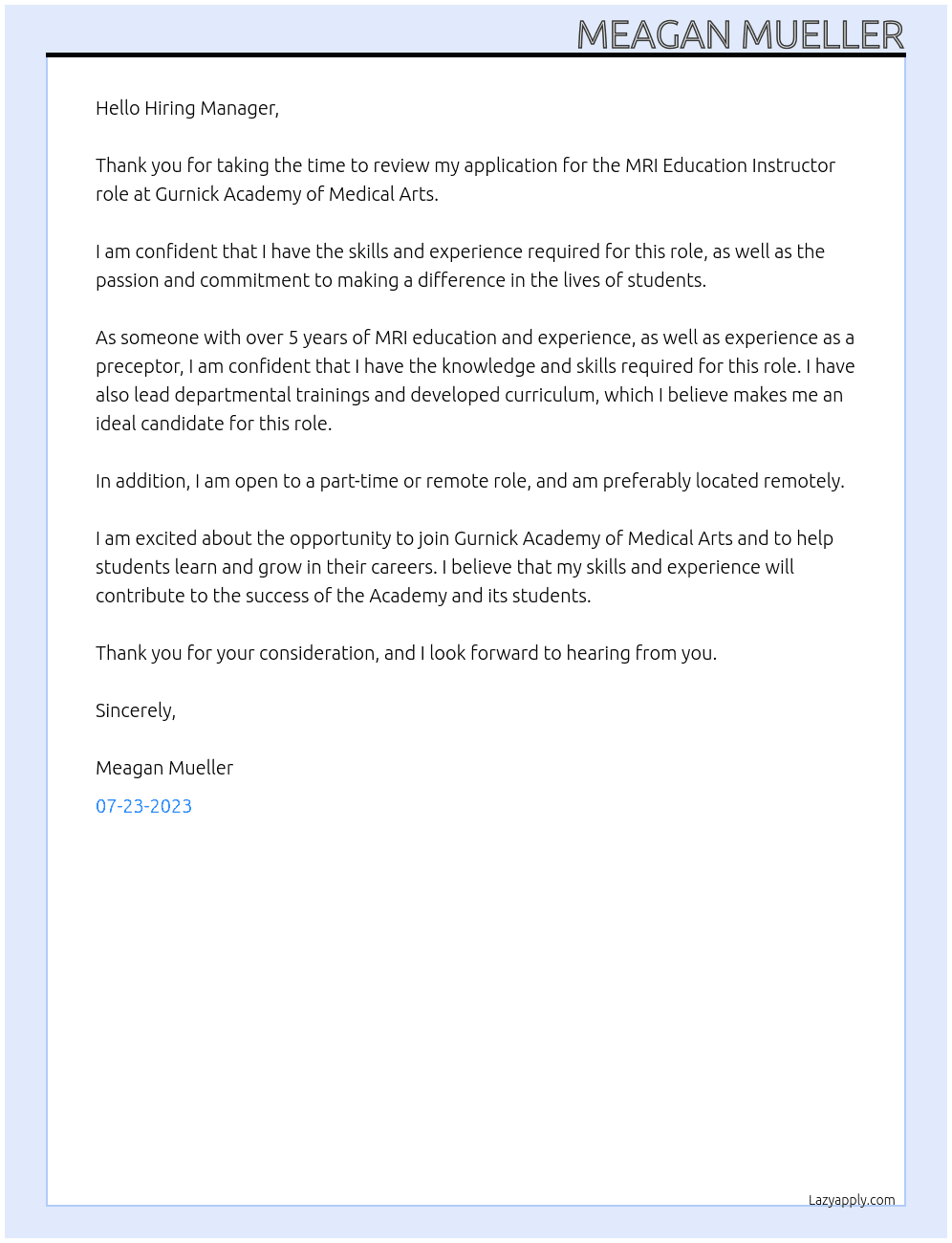 MRI Education Instructor At Gurnick Academy of Medical Arts Cover Letter