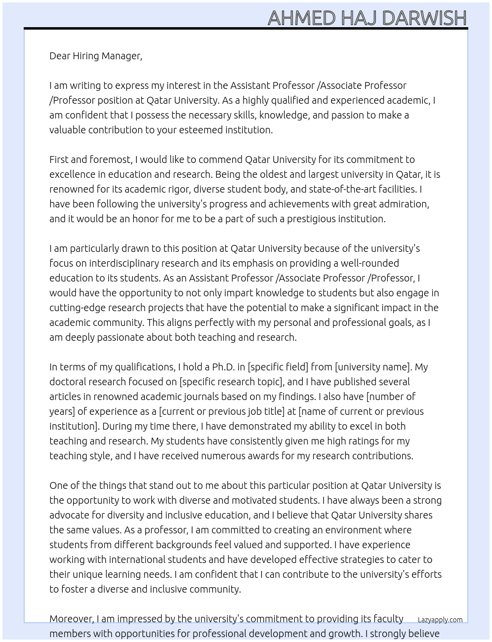 Assistant Professor /Associate Professor /Professor At Qatar University Cover Letter