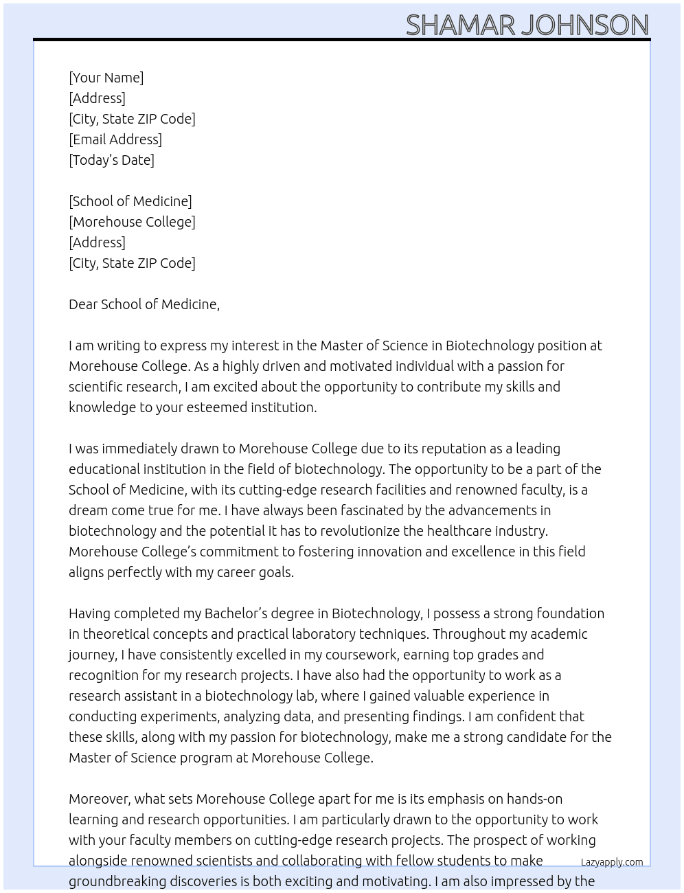 Master of Science in Biotechnology At Morehouse  Cover Letter
