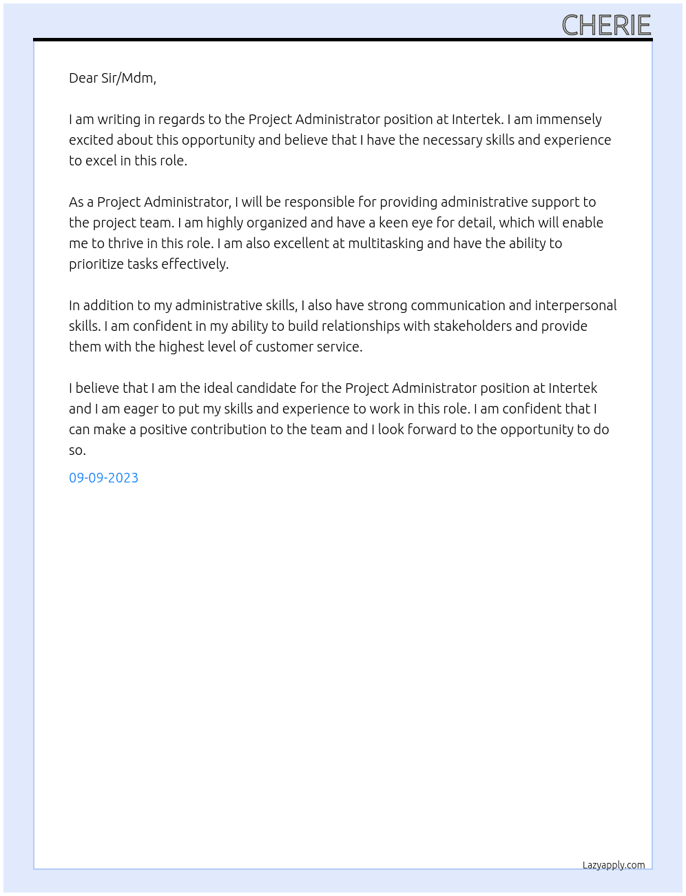 Project Administrator At Intertek Cover Letter