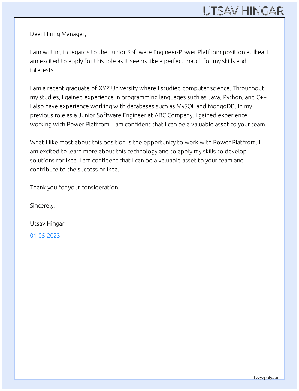 Cover letter for junior software engineer-power platfrom - LazyApply