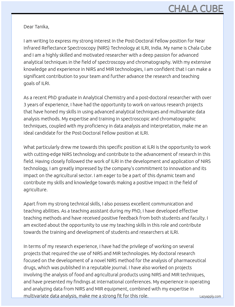 Post-Doctoral Fellow- Near infrared reflectance spectroscopy (NIRS) Technology At ILRI, India Cover Letter