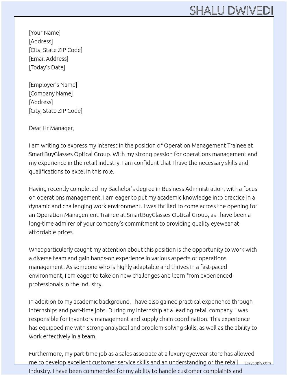 Operation Management Trainee At SmartBuyGlasses Optical Group Cover Letter