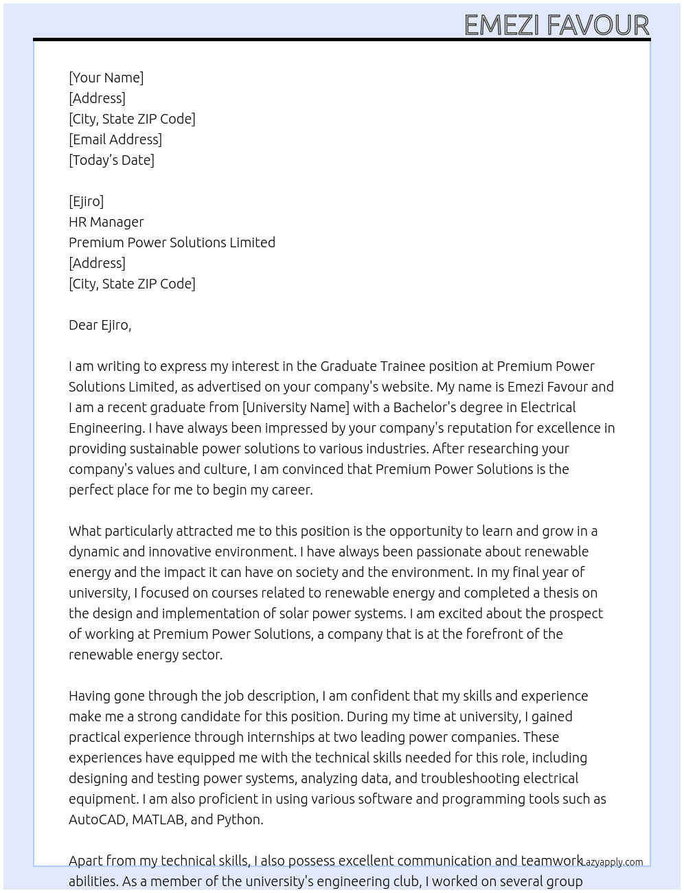 Graduate Trainee At Premium Power Solutions Limited Cover Letter