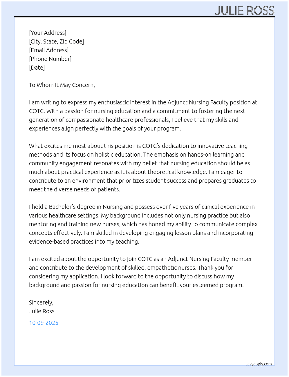 Adjunct Nursing Faculty At COTC Cover Letter