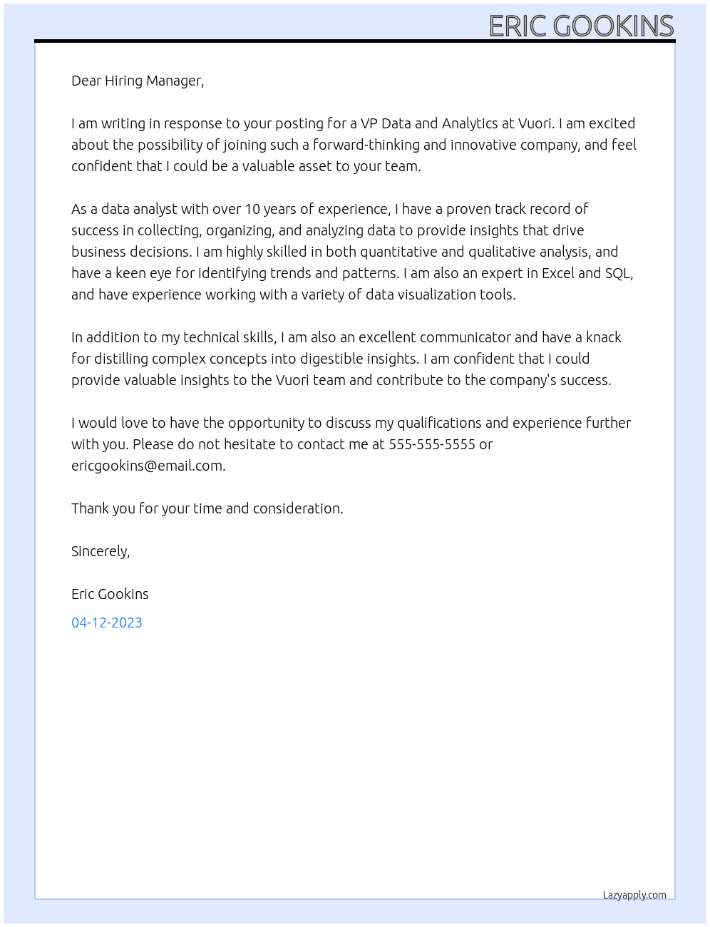 VP Data and Analytics At Vuori Cover Letter