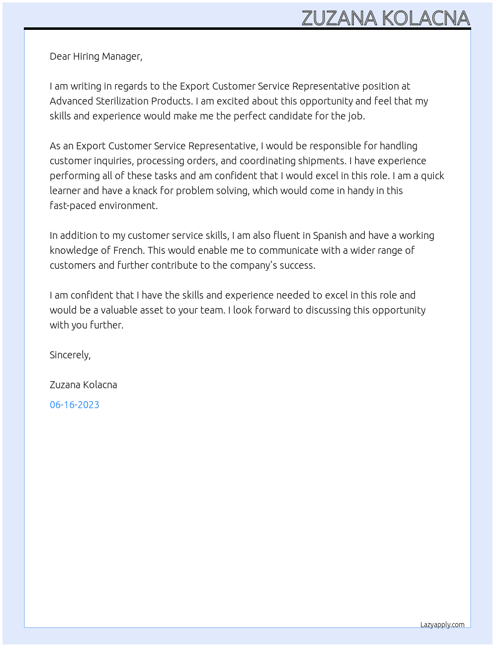 Export Customer Service Representative At Advanced Sterilization Products Cover Letter