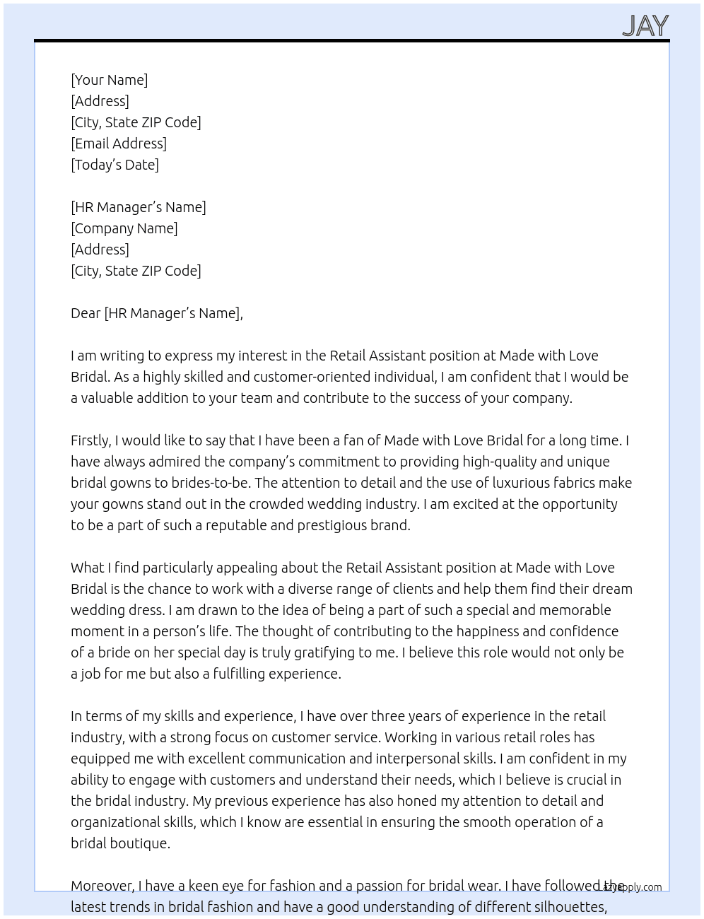 retail assistant At Made with Love Bridal Cover Letter