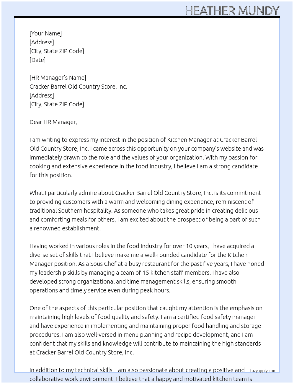 Kitchen Manager At Cracker Barrel Old Country Store, Inc. Cover Letter