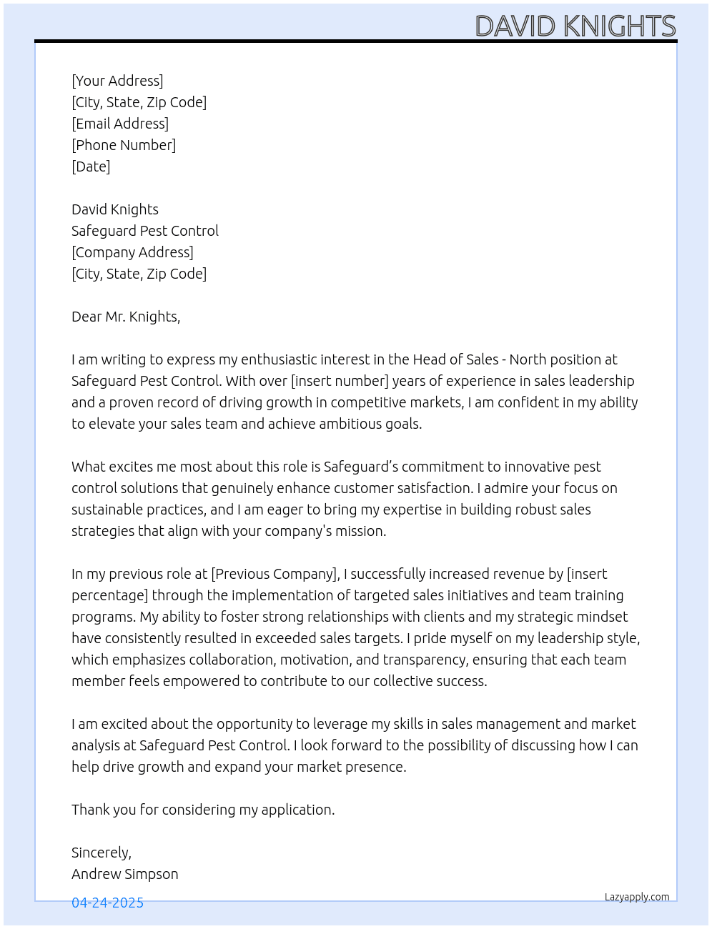 Head of Sales - North At Safeguard Pest Control Cover Letter