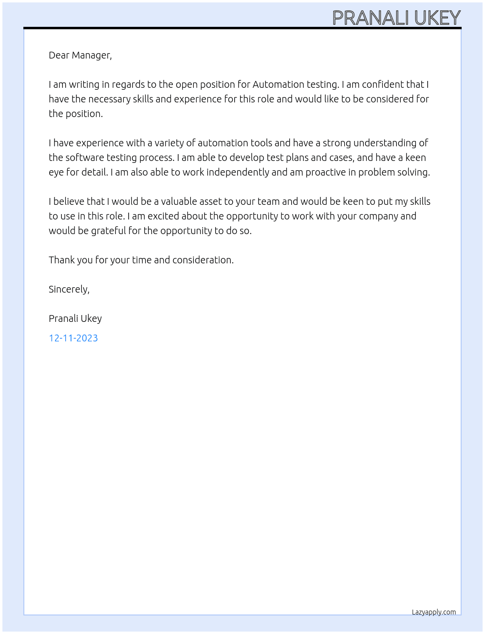 Automation testing  At Dear Manager Cover Letter