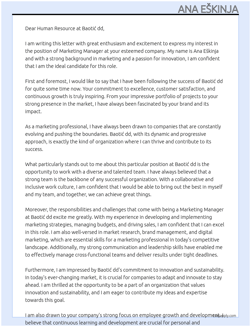 Marketing manager At Baotić dd Cover Letter
