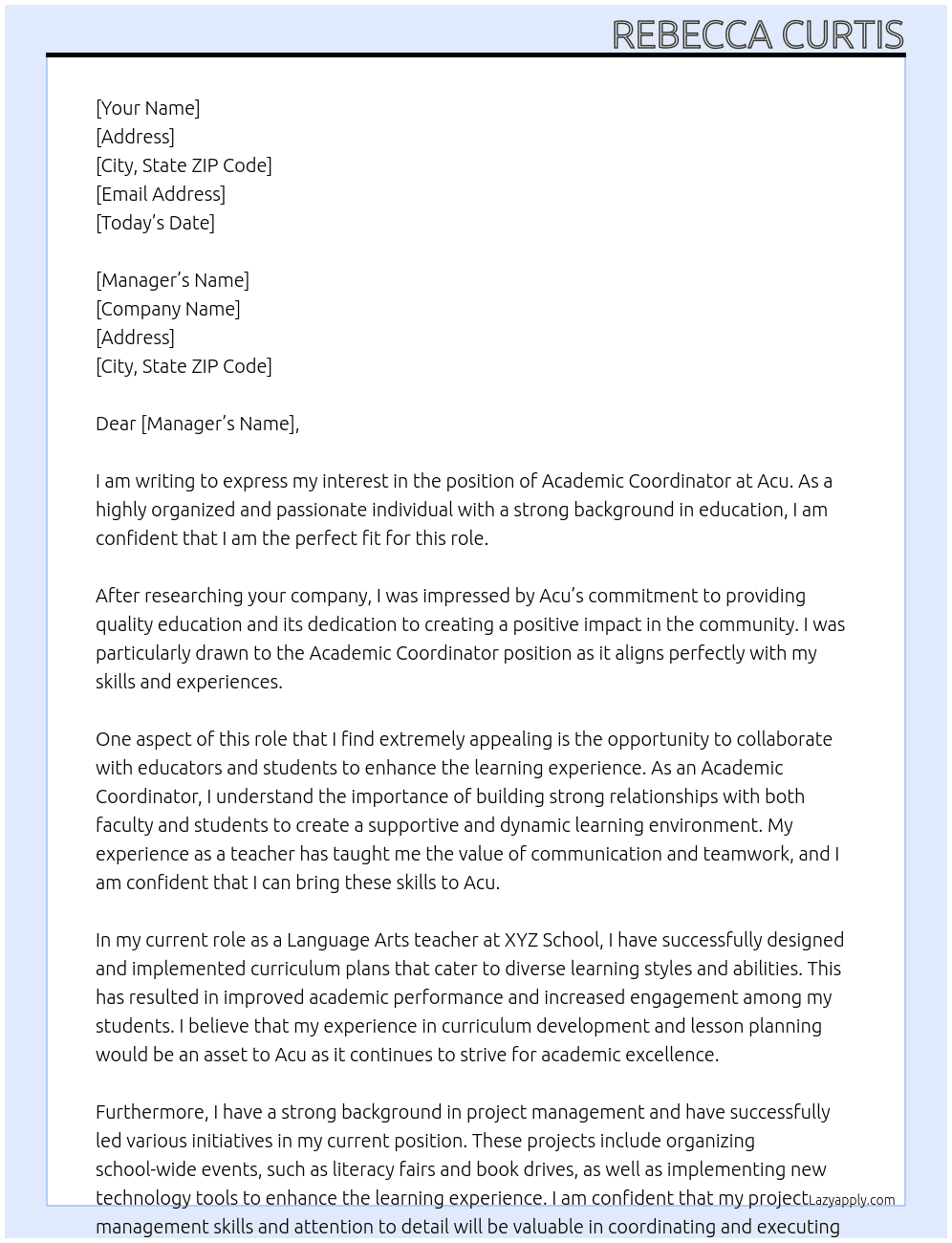 Academic coordinator At Acu Cover Letter