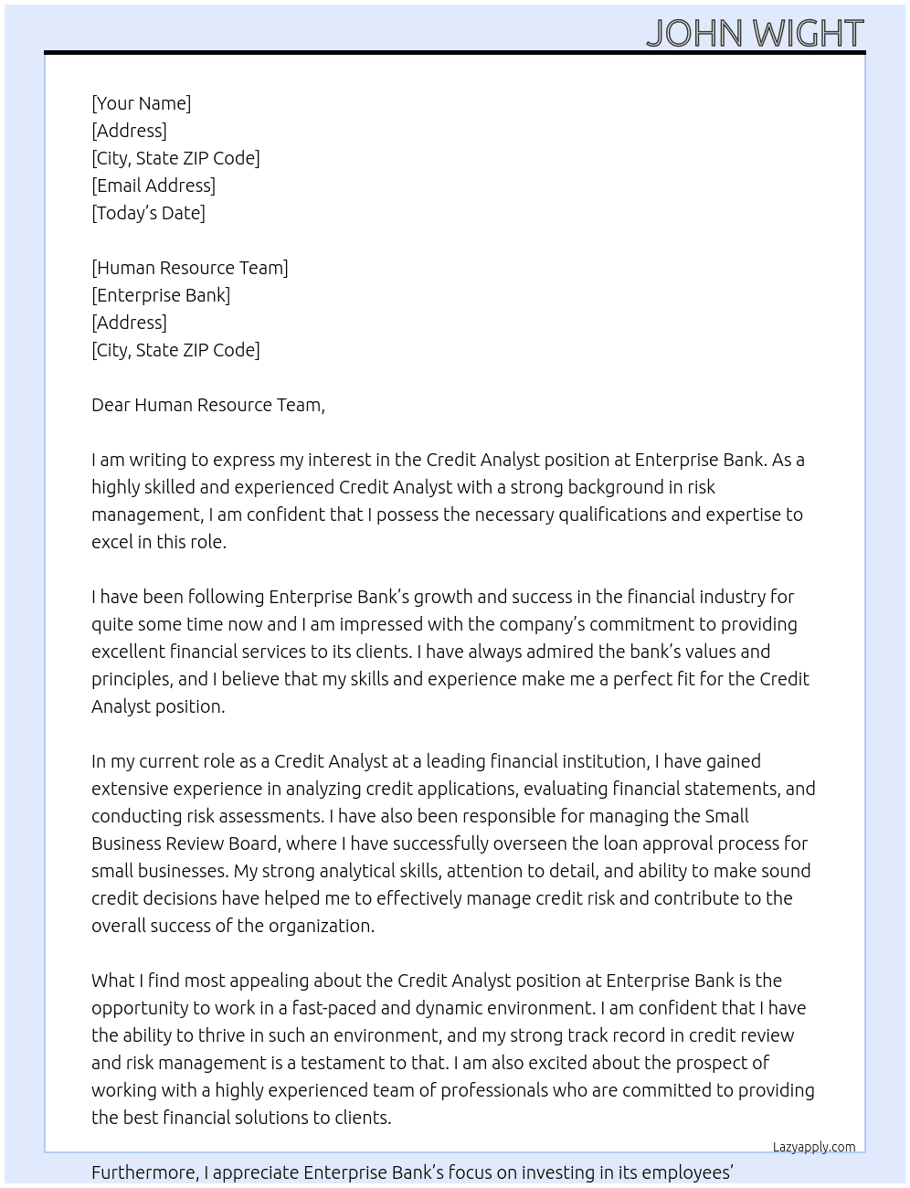 Credit Analyst At Enterprise Bank Cover Letter