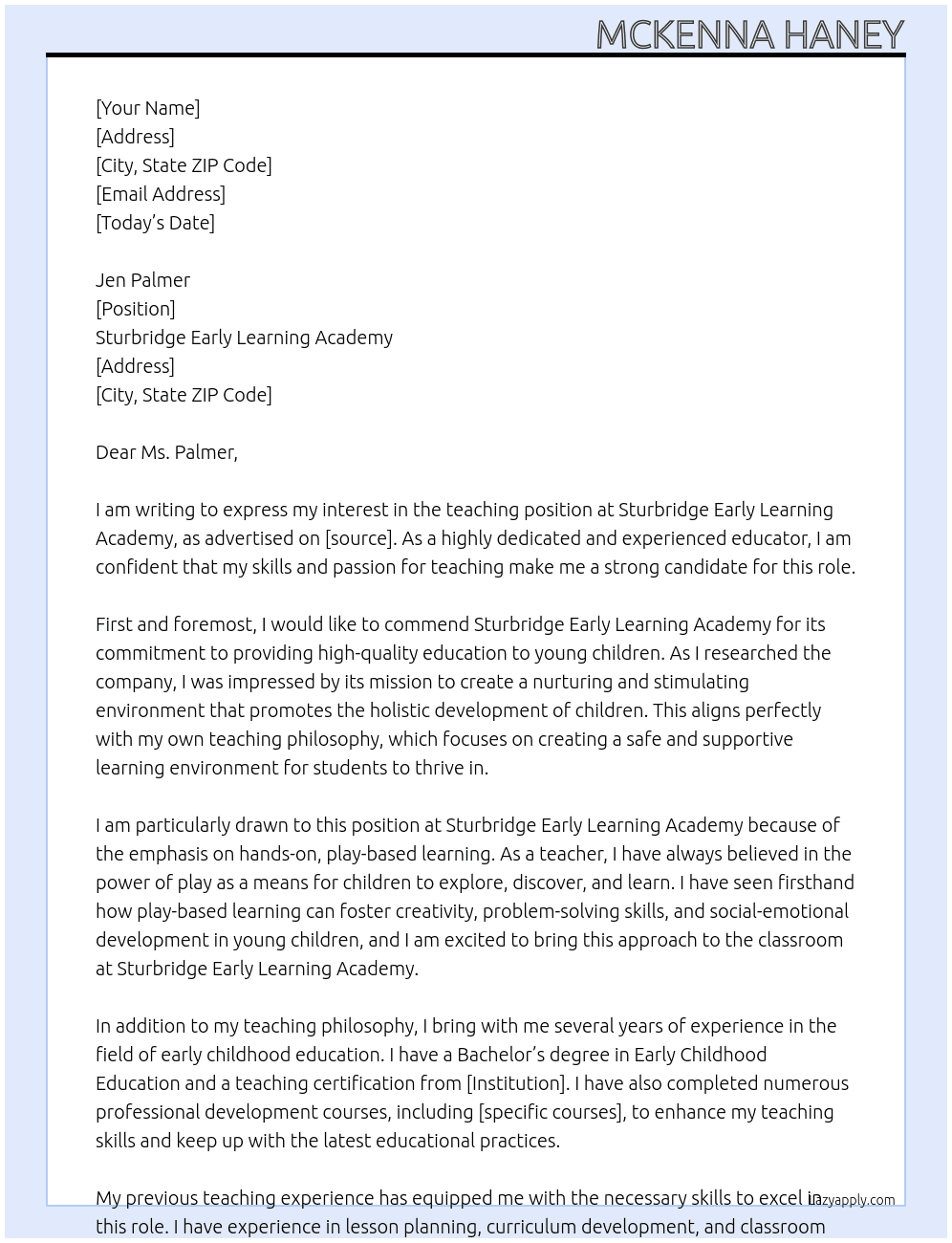 teacher At Sturbridge Early Learning Acadmey Cover Letter