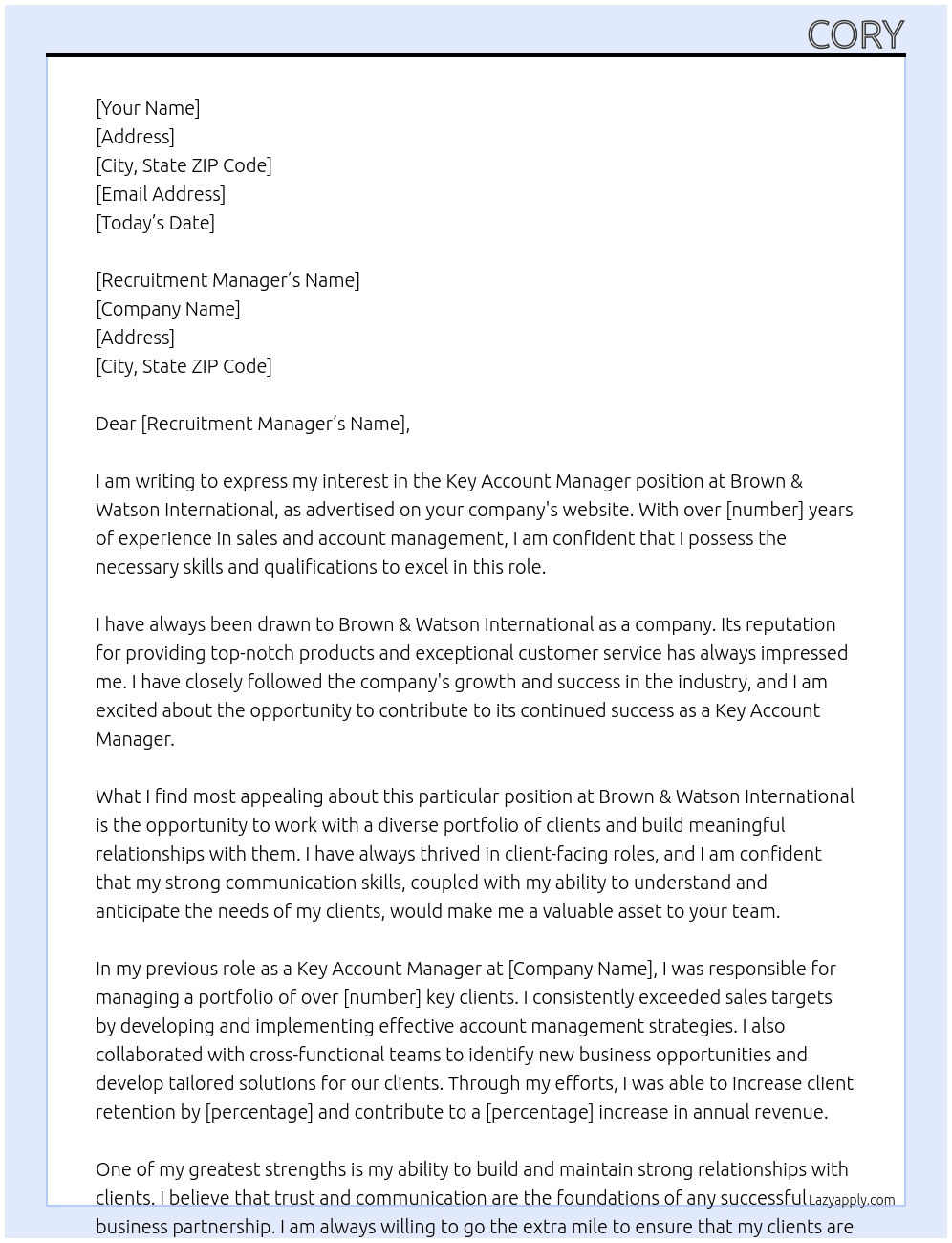 Key account manager At Brown & Watson International Cover Letter