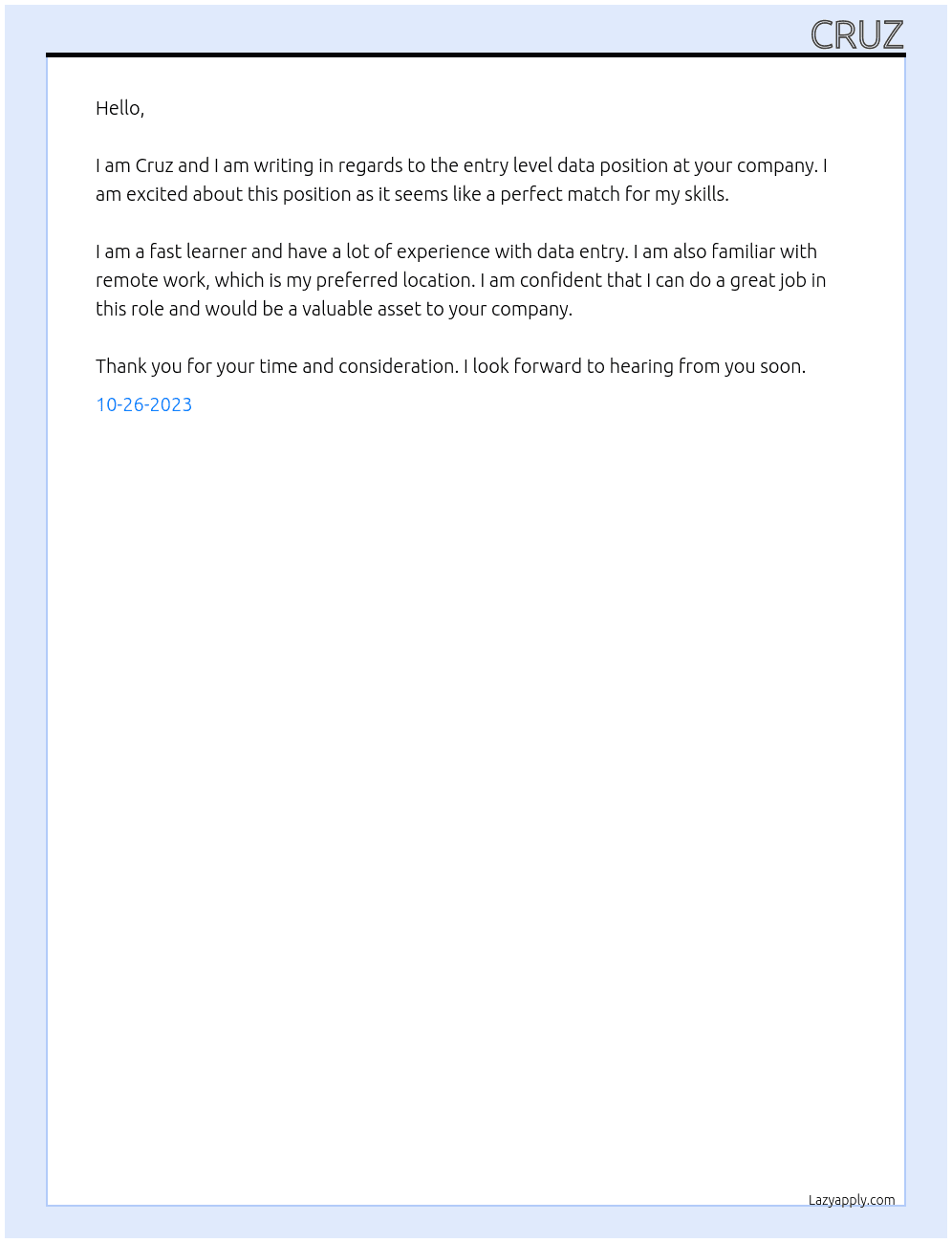 entry level data  At remote entry level data  Cover Letter