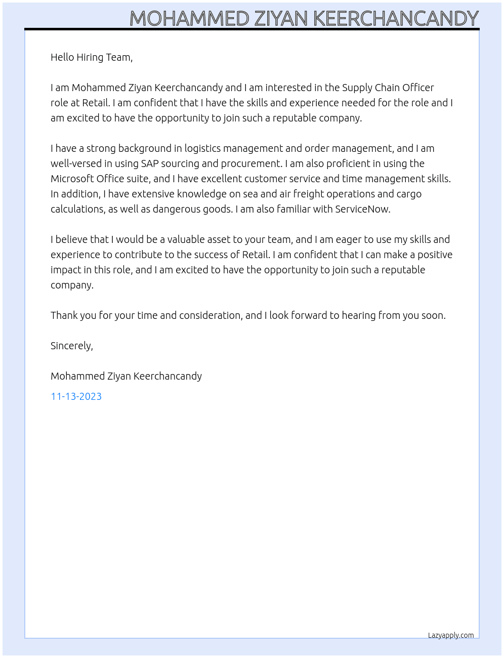 Supply chain officer At Retail Cover Letter