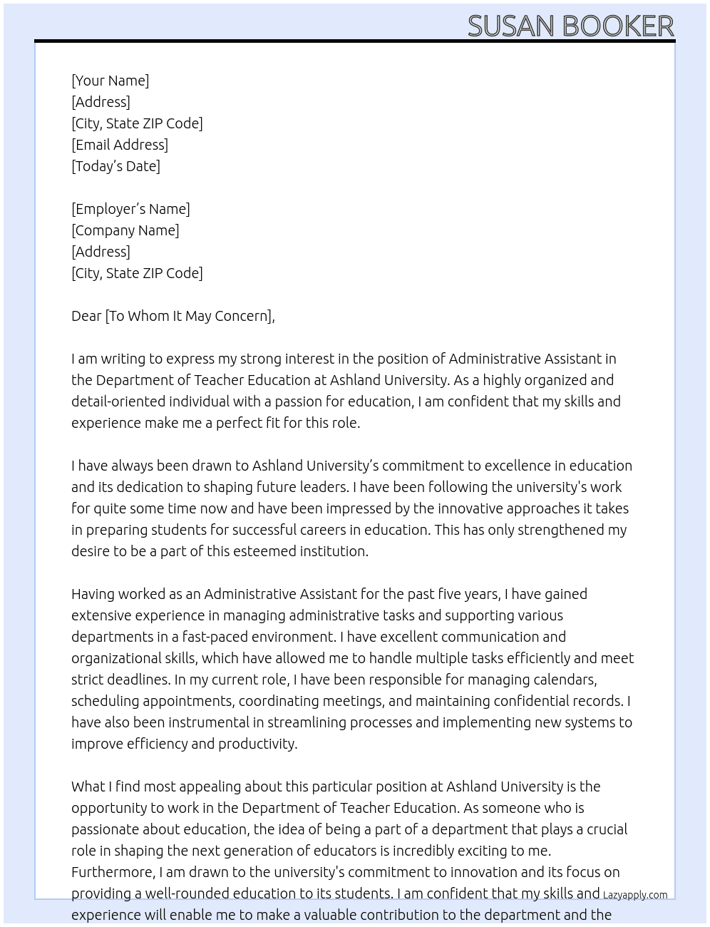 Administrative Assistant Department of Teacher Education At Ashland University Cover Letter