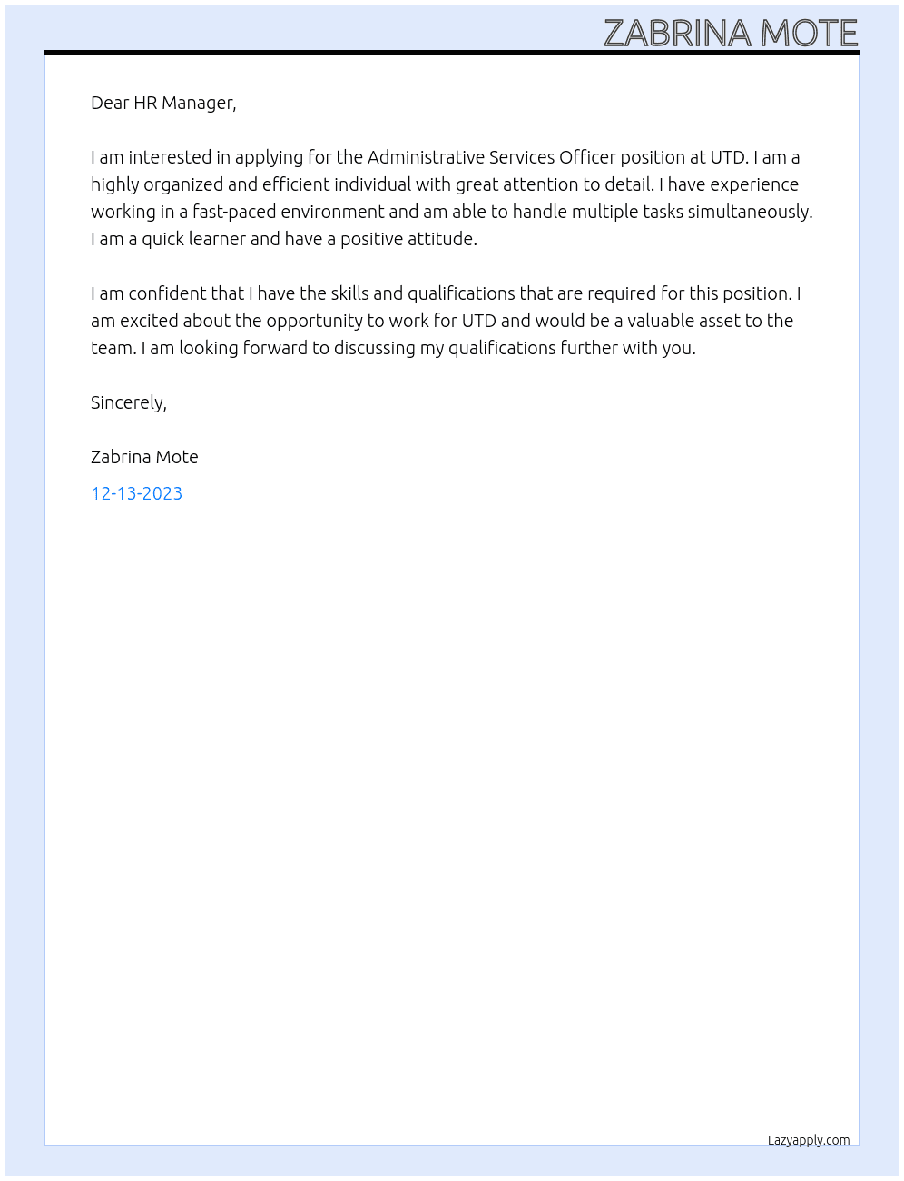 Administrative Services Officer At UTD Cover Letter