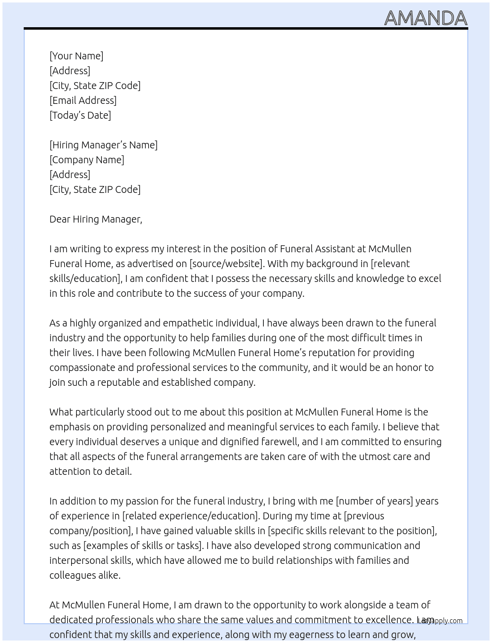 Funeral Assistant At McMullen Funeral Home Cover Letter