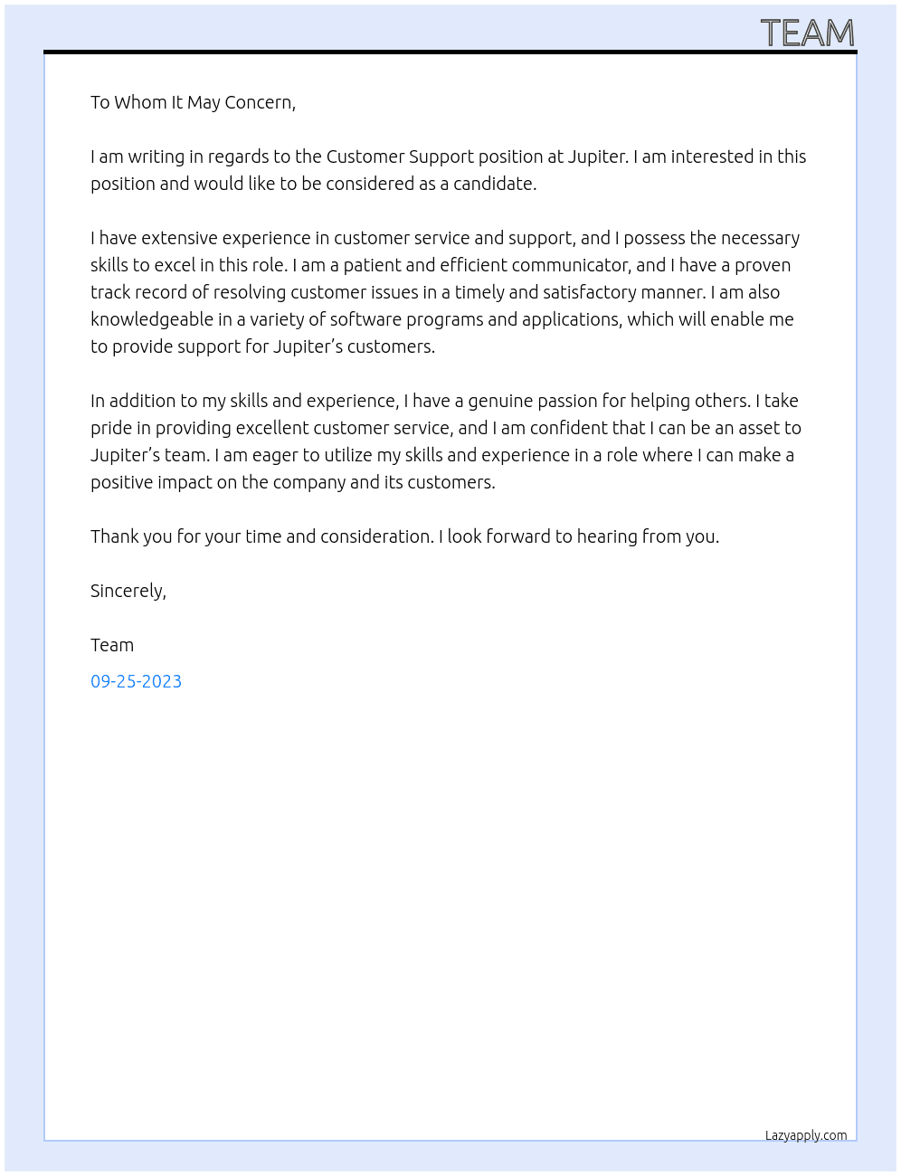 Customer Support At Jupiter Cover Letter