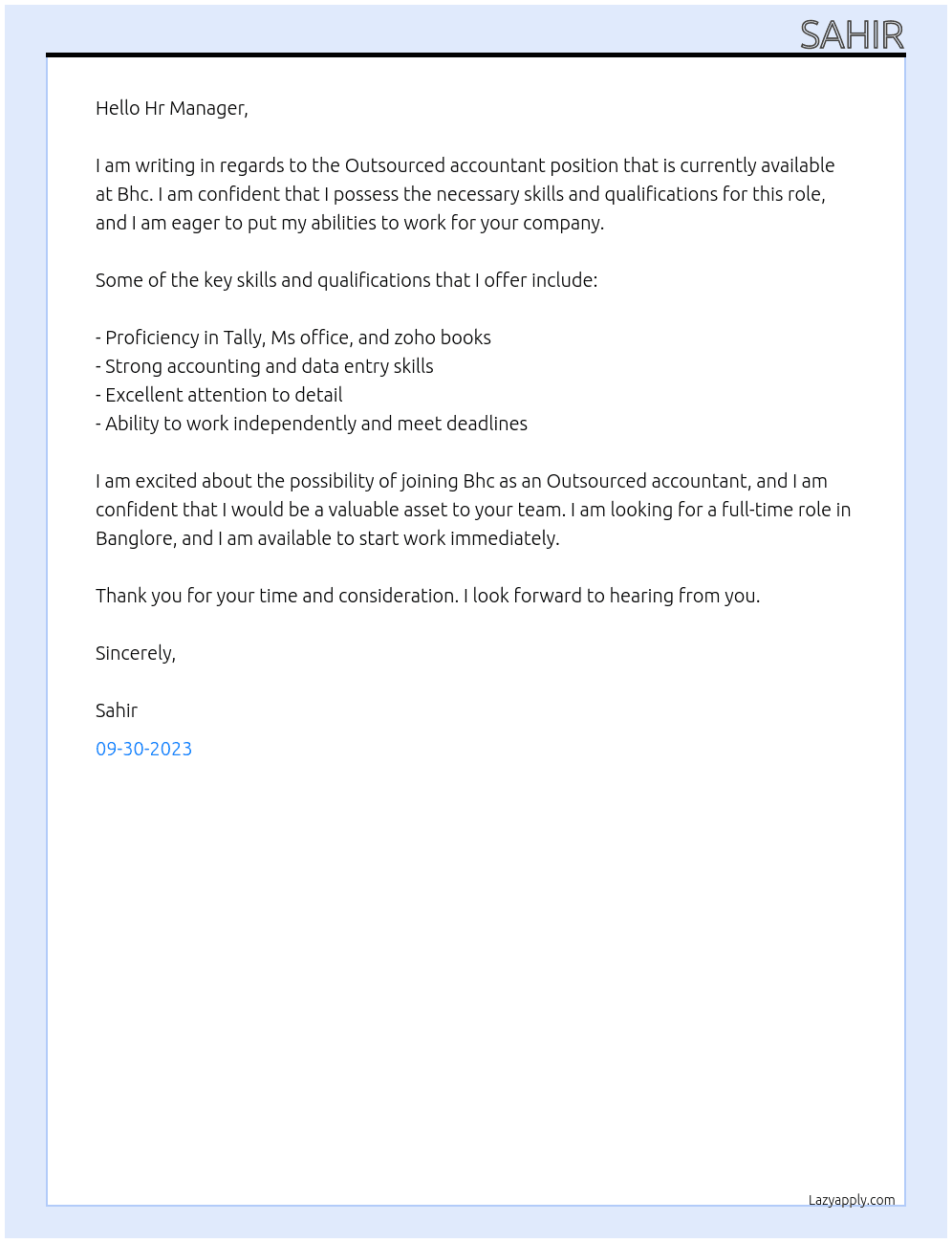 Outsourced accountant  At Bhc Cover Letter