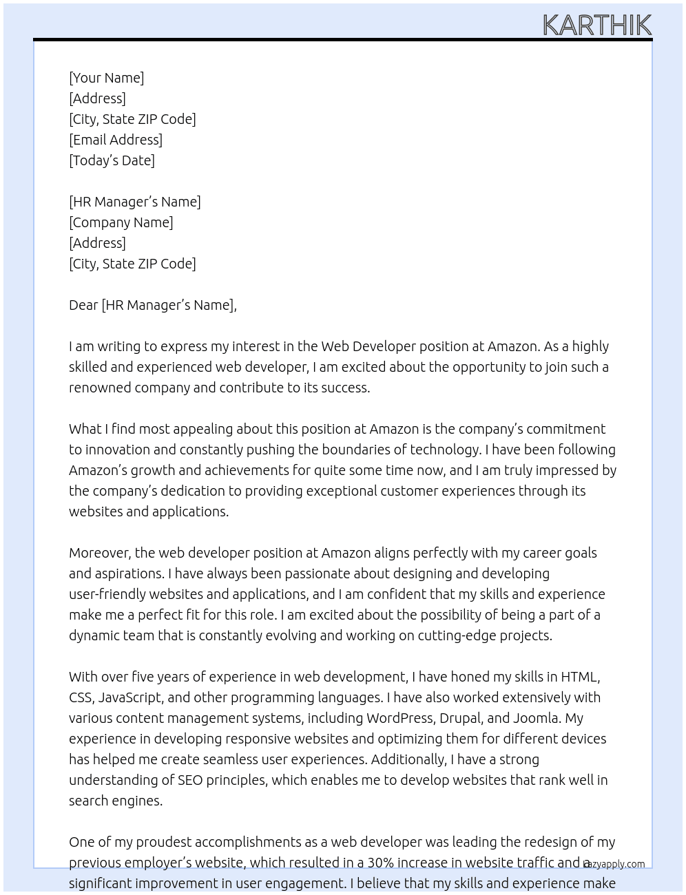web developer At amozon Cover Letter