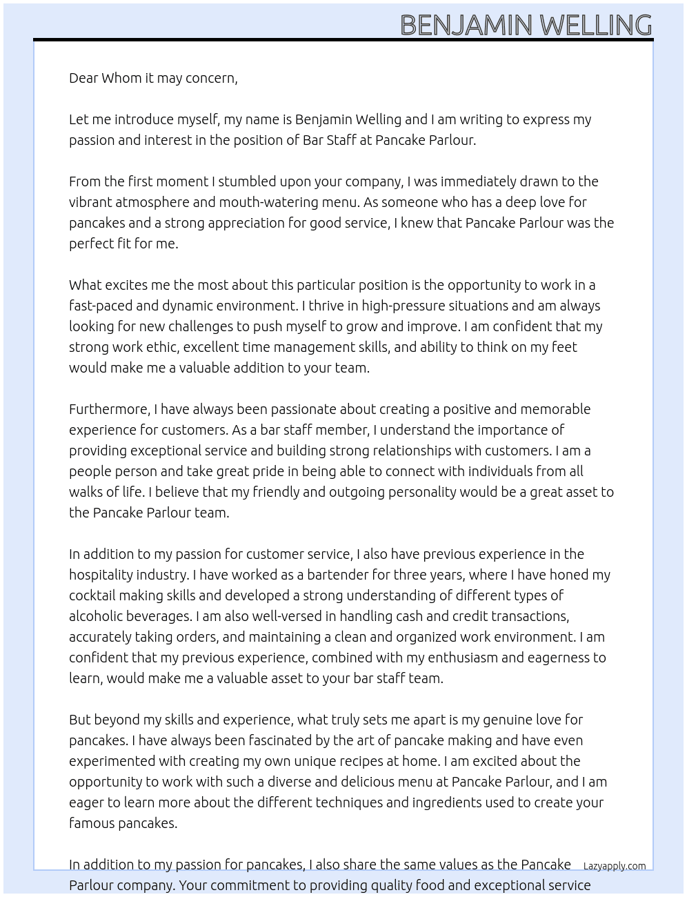Bar staff At Pancake Parlour Cover Letter