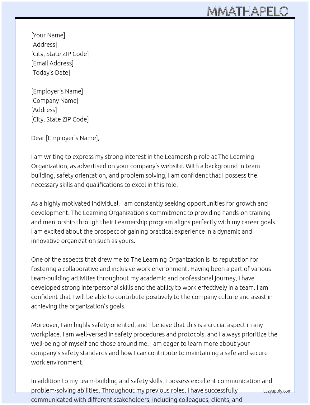 Learnership At The learning organization  Cover Letter