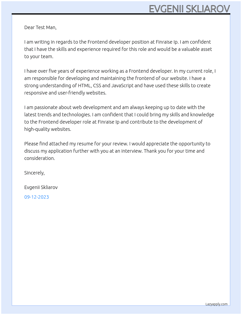 Frontend developer At Finraise Ip Cover Letter