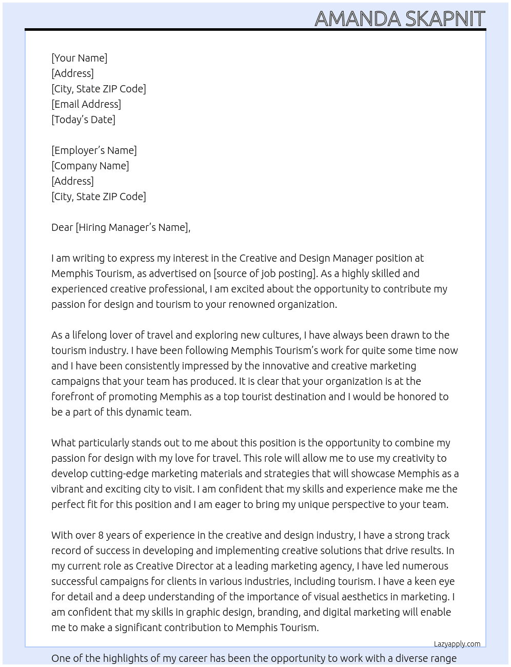 Cover letter for creative and design manager - LazyApply
