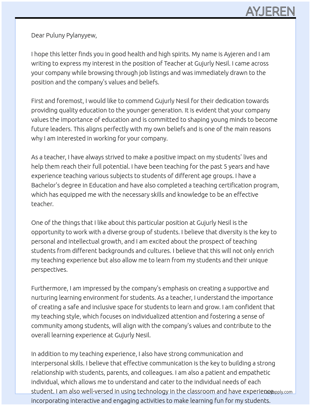 Teacher At Gujurly Nesil Cover Letter