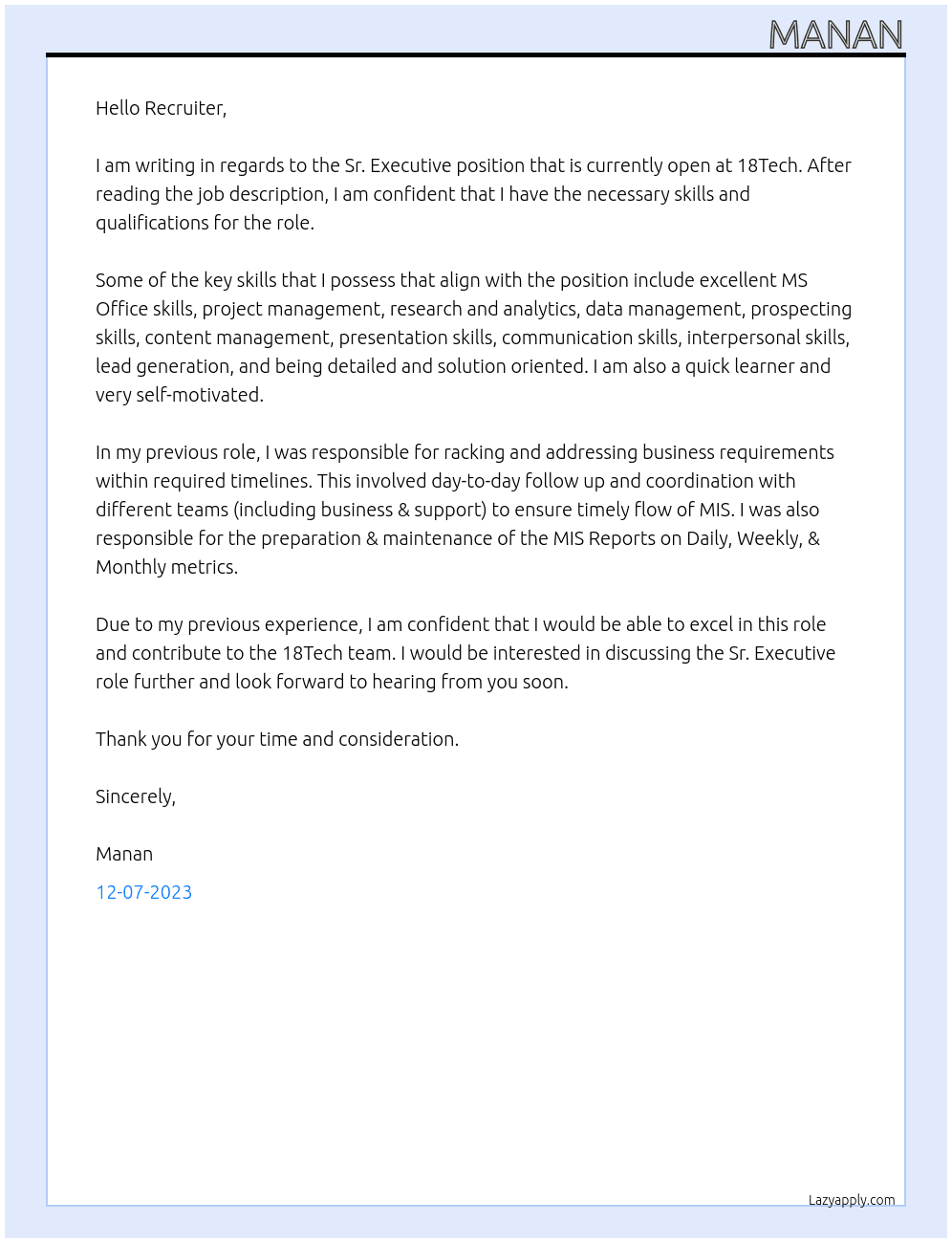 Sr. Executive At 18Tech Cover Letter