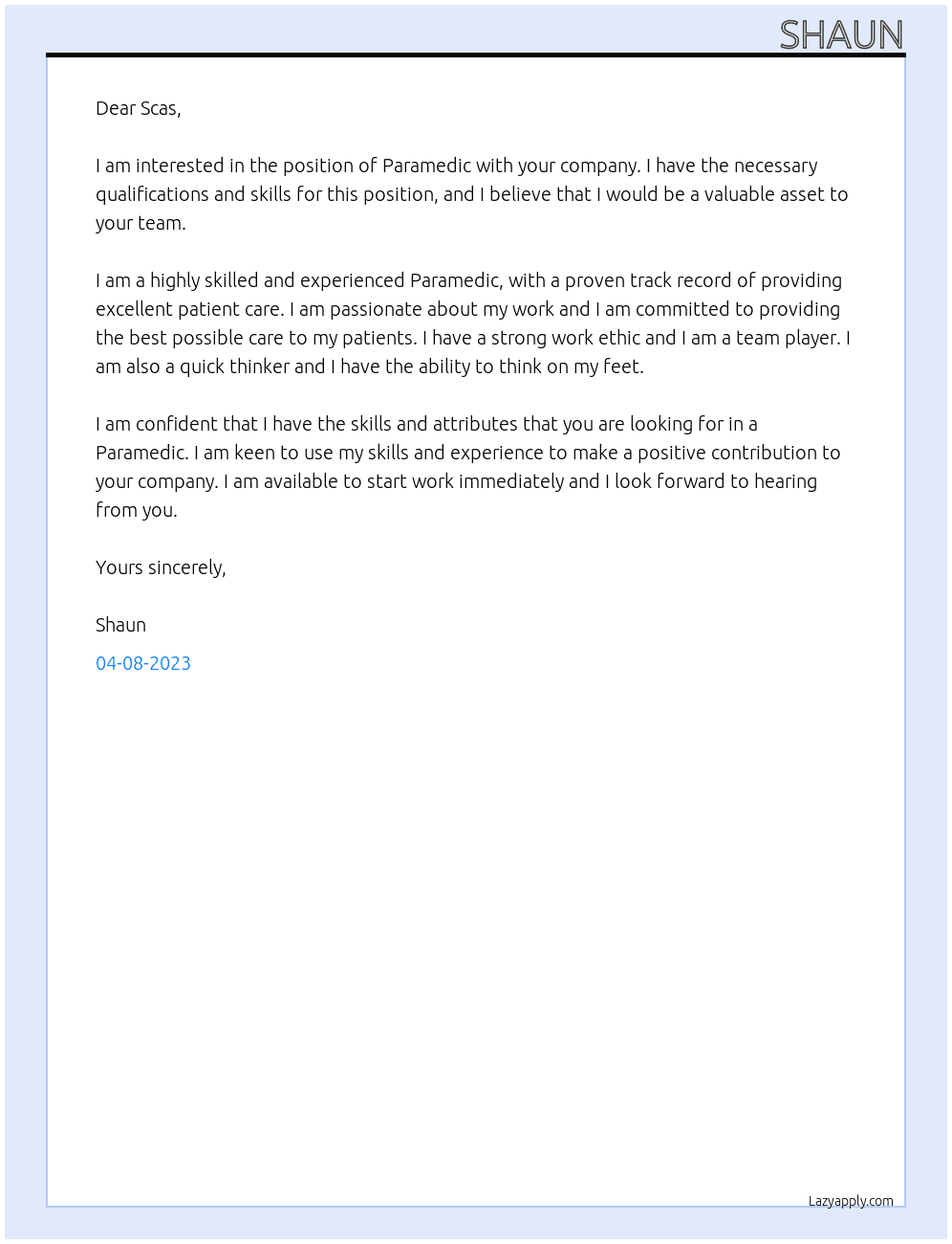 Paramedic  At Scas Cover Letter