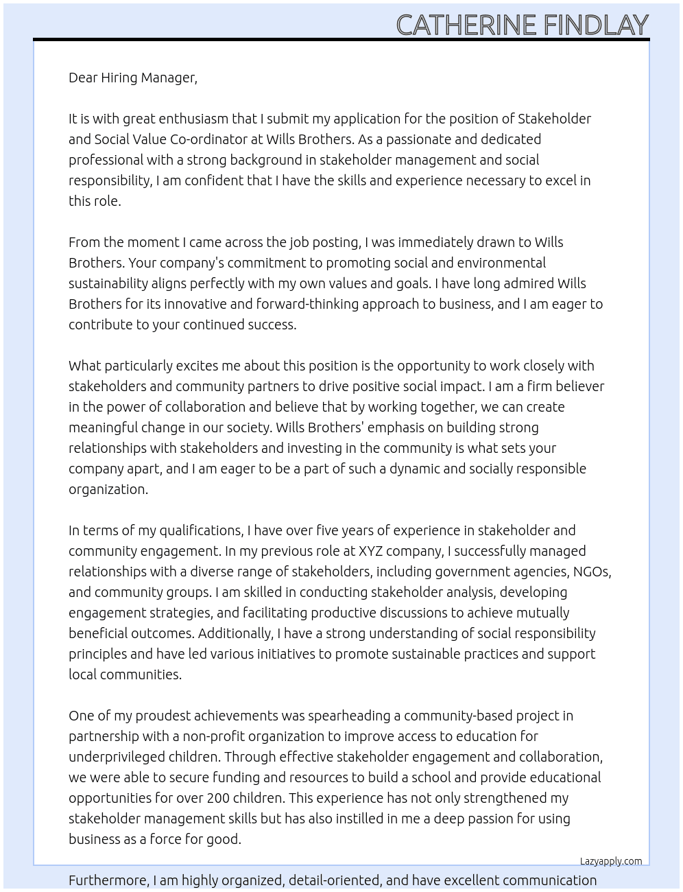 Stakeholder and Social Value Co-ordinator At Wills Brothers Cover Letter