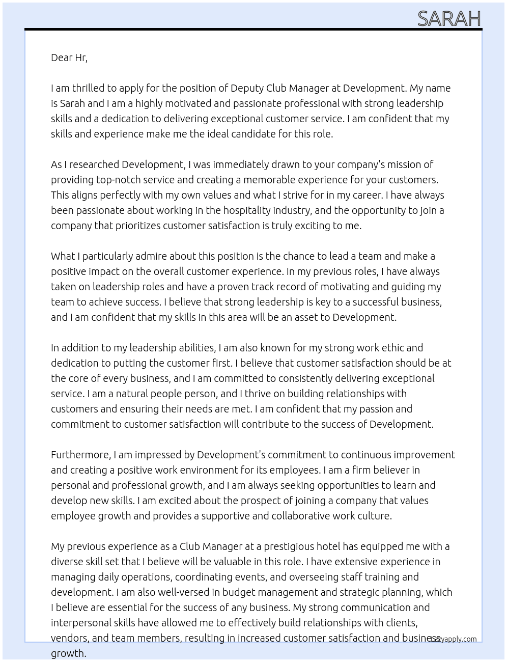 Deputy club manager  At Development  Cover Letter