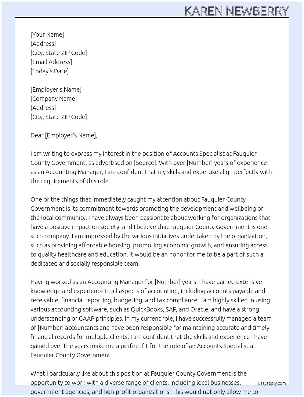 ACCOUNTS SPECIALIST At Fauquier County Government Cover Letter