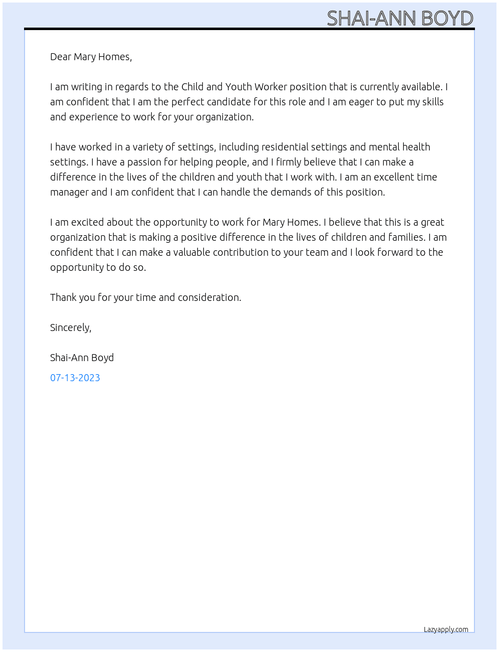 Child and Youth Worker  At Mary Homes  Cover Letter