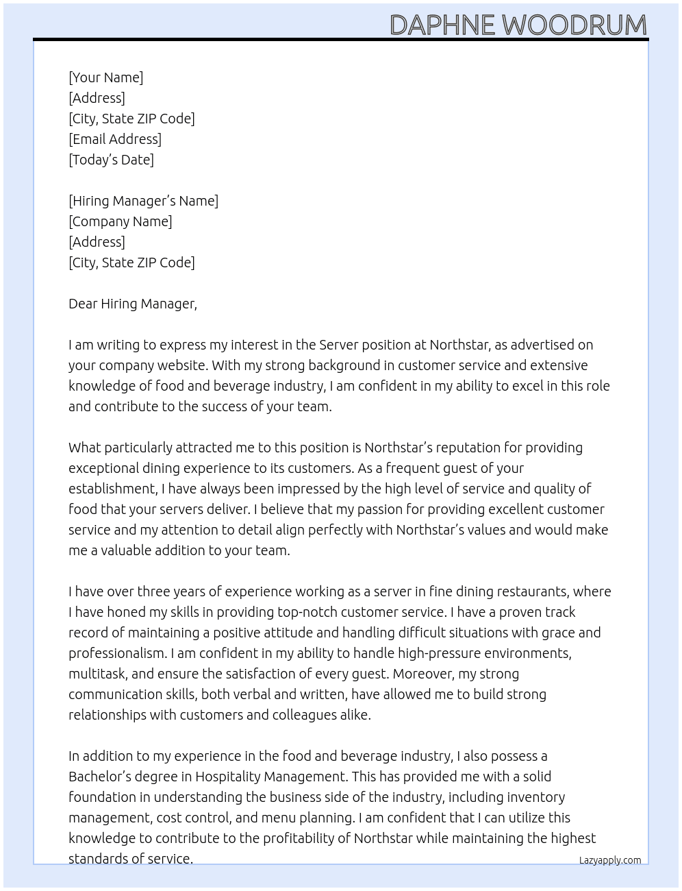 Server At Northstar Cover Letter