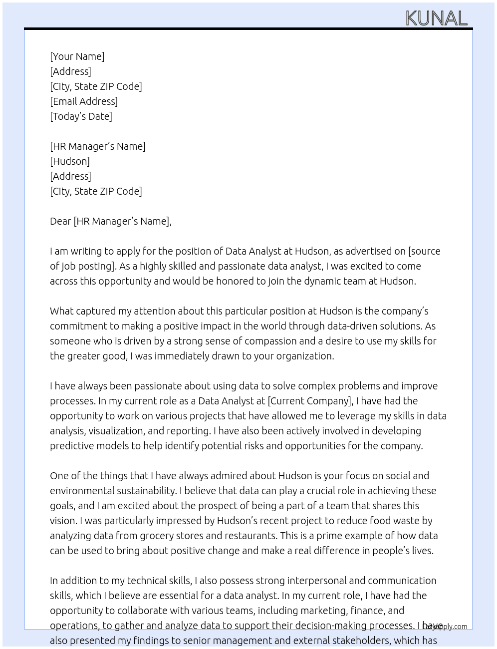 Data Analyst  At Hudson Cover Letter