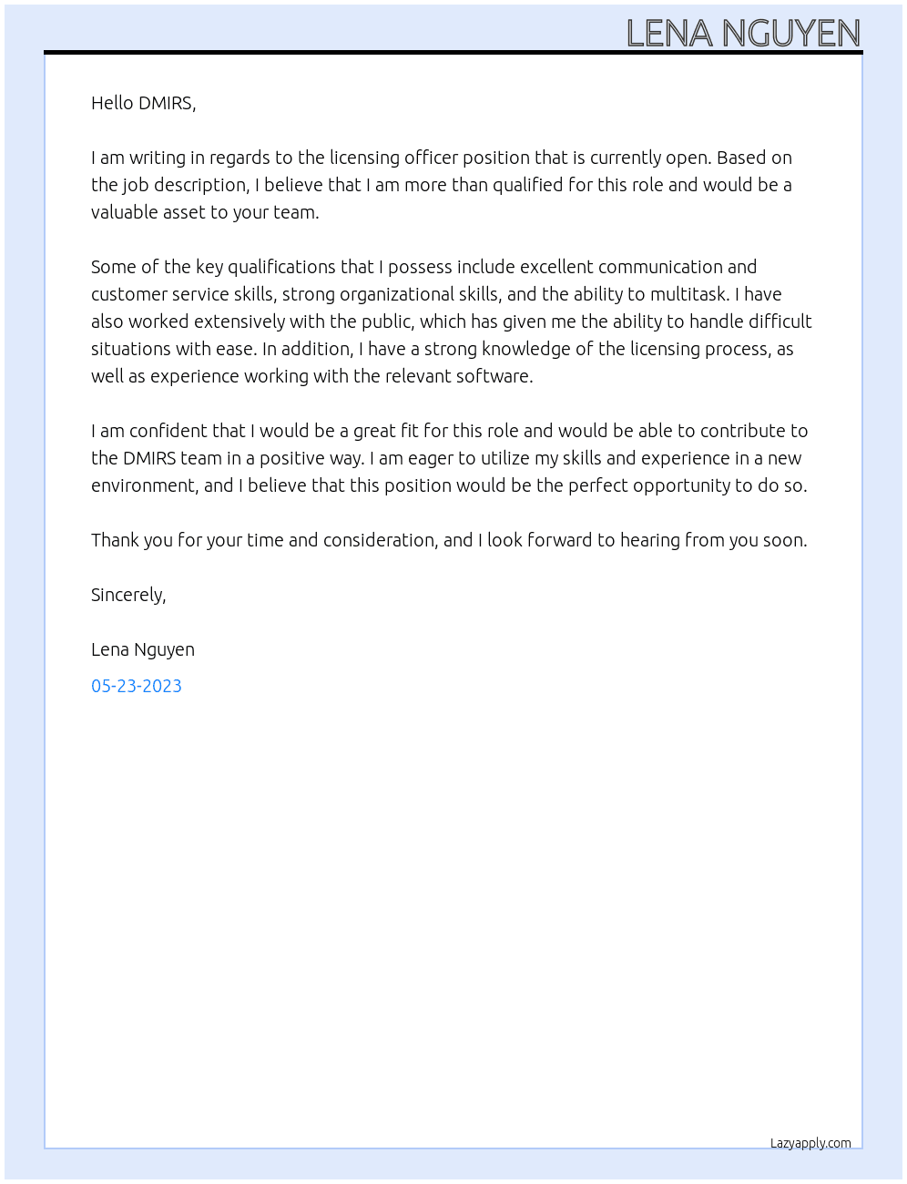 licensing officer  At DMIRS Cover Letter