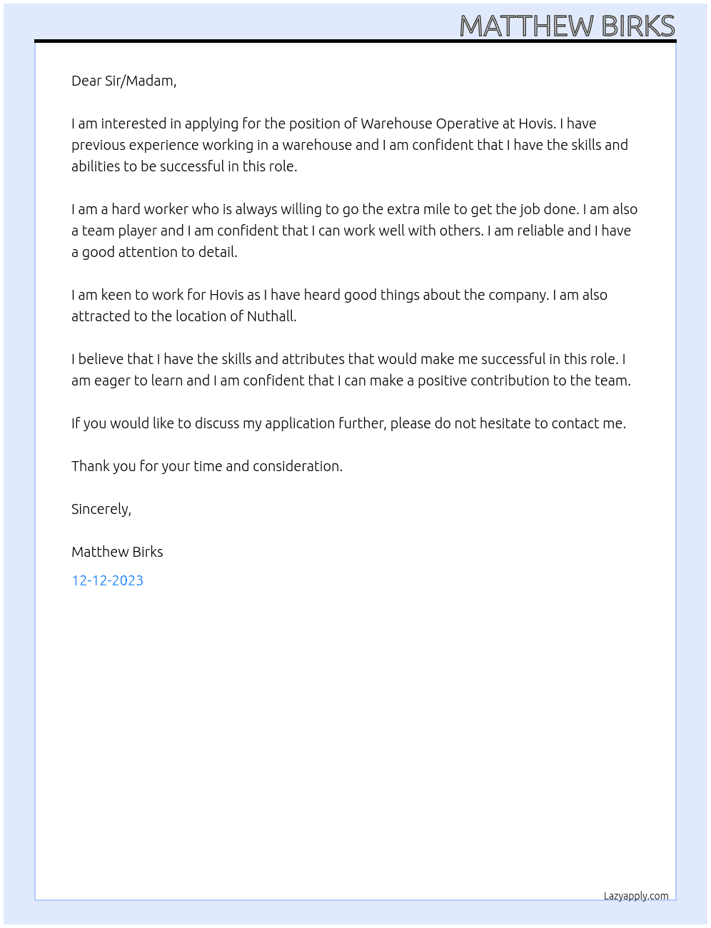 Warehouse Operative At Hovis Cover Letter