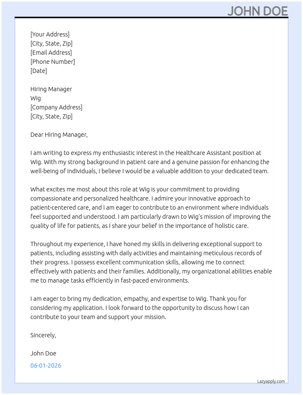 Healthcare Assistant  At Wig Cover Letter