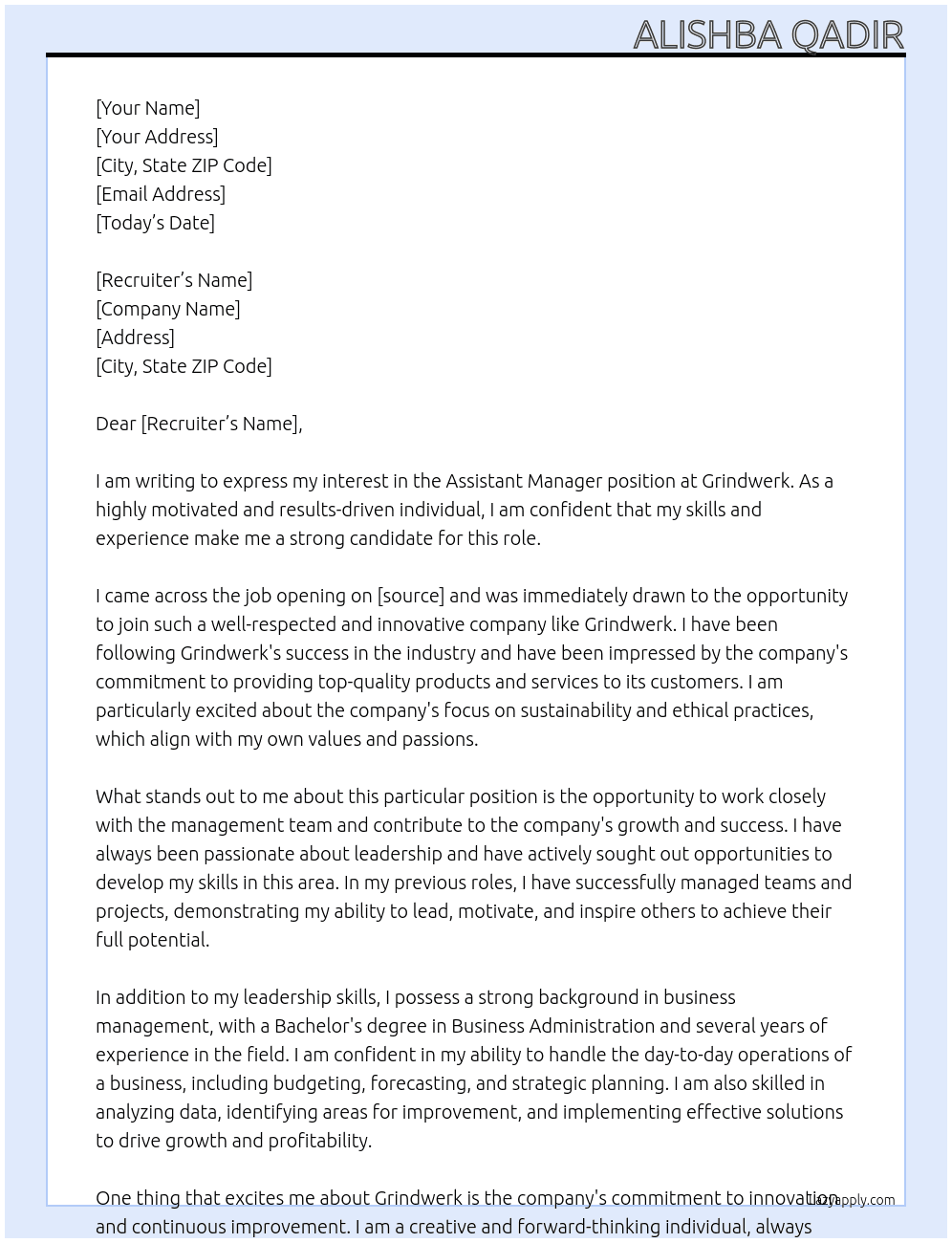 Assistent Manager At Grindwerk Cover Letter